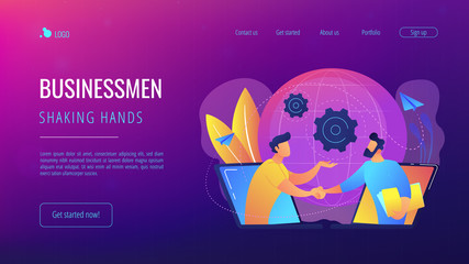 Businessmen shaking hands through laptop screens as online business, conference, meeting, network, deal, negotiations, agreement concept, violet palette. Website landing web page template.