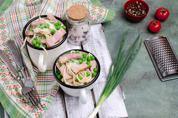 Spaghetti with fried bacon