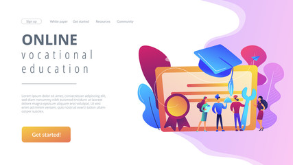 Vocational specialists graduating and diploma with graduation cap. Vocational education, professional learning, online vocational education concept. Website vibrant violet landing web page template.
