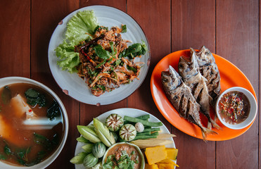 Nam Prik Pla To, fried fish, Spicy fish salad -Thai street food lunch set