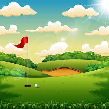 Golf ball and a flag on green hill