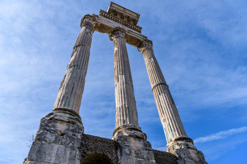 Ruins of Roman Temple - A front closeup view of the 2nd-century Roman Temple of Antoninus and Faustina, later converted to a Roman Catholic church named as San Lorenzo in Miranda, in Roman Forum. 