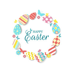 Round frame of colorful eggs, butterflies, flowers with text Happy easter on white. Icons in coral, yellow, turquoise, pink colours with different ornaments and texture. Vector illustration