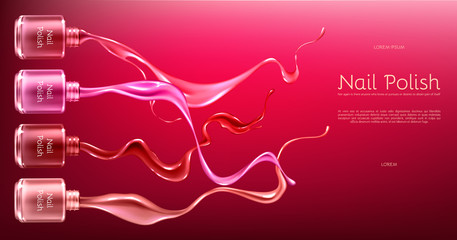 Red or pink nail polish 3d realistic vector ads banner with glass bottle in glossy, liquid varnish enamel splash frozen motion illustration. Womens cosmetics and make up product promotional mockup