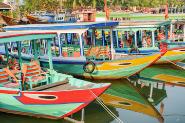 Amazing view of colorful traditional Vietnamese tourist boats