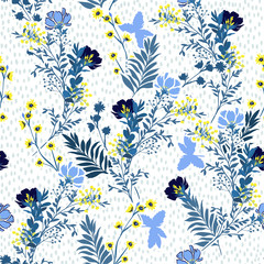  Seamless vector pattern  Vector illustration of a hand drawn blue and yellow meadow flowers and leaves. with hand paint polkadots design for fashion , fabric, web, wallpaper, and all prints