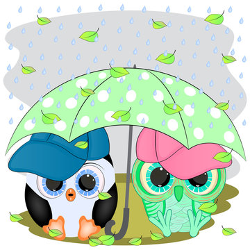 penguin and owl. under the umbrella. cartoon vector illustration.