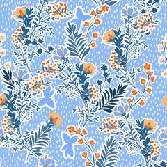 Vector illustration of a hand drawn meadow flowers and leaves. Seamless vector pattern with hand paint polkadots design for fashion , fabric, web, wallpaper, and all prints