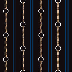 Fototapeta na wymiar Trendy Seamless vector pattern background with hand drawn chain, and summer nautical rope in vertical stripe