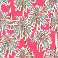 Fototapeta na wymiar Trendy Summer seamless coloful hand drawn palm trees ,sihouette pattern on summer pink background.