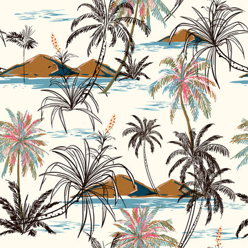 Island and palm trees hand drawing sketch line in seamless pattern vectoe for fashion fabric and all prints