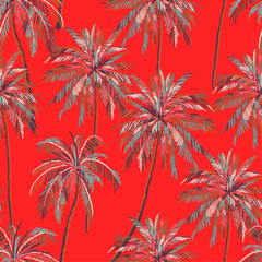 Trendy red  Summer seamless colorful palm trees pattern on red background. Landscape pattern,vector