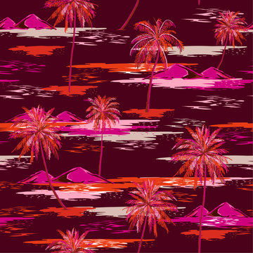 Beautiful colorful summer Seamless island pattern Landscape with palm trees,beach and ocean vector hand drawn style