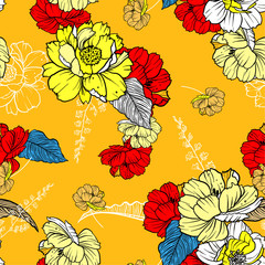 Summer retro Floral pattern in vector. botanical in line hand drawing, Seamless vector texture for fashion fabric on bright yellow background colordesign