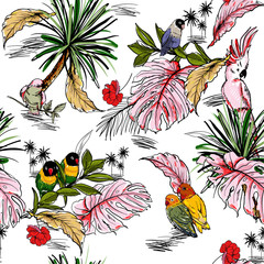 Fototapeta na wymiar Bright summer Vector sketch.Hand drawn seamless pattern with tropical wild forest and exotic birds with palm leaves.Design for fashion ,fabic,web,wallpaper,and all prints