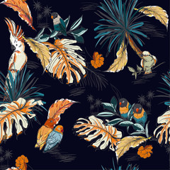 Nahtlose Muster handgezeichnete Skizze tropisch mit exotischen Papageienvögeln im Vektordesign für Mode, Stoff, Web, Tapete und alle Drucke