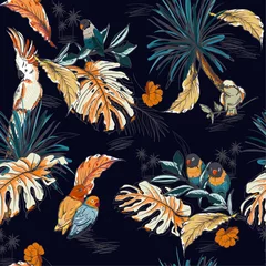 Fototapete Tropisch Satz 1 Nahtlose Muster handgezeichnete Skizze tropisch mit exotischen Papageienvögeln im Vektordesign für Mode, Stoff, Web, Tapete und alle Drucke