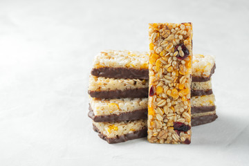 Healthy sweet dessert snack. Cereal granola bar.