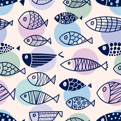 Leuke vis. Kinderen lijn achtergrond. Naadloze patroon. Kan worden gebruikt in de textielindustrie, papier, achtergrond, scrapbooking.