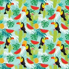 Materiał do szycia Toucan birds,tropical leafs and exotic fruit seamless pattern.