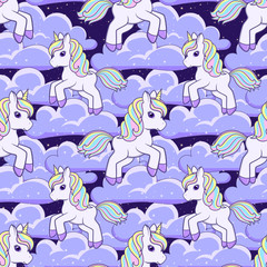 Seamless pattern with running cute Cartoon Unicorn and clouds. Vector illustration