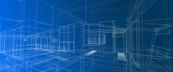 Architecture interior space design concept 3d perspective white wire frame rendering gradient blue...