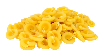 Group of dischi pasta shapes made from Durham wheat isolated on a white background