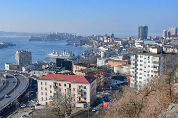 Vladivostok, Russia, January, 29,2019.  Zolotoy Rog Bay  in Vladivostok in winter on a Sunny day, Russia