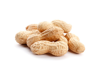 several peanut in shell isolated on white background. Top view. close-up.