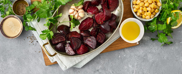 Ingredients cooking healthy vegetarian beet hummus top view
