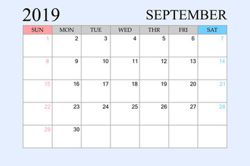 2019 Calendar, September, Schedule Planner, organizer, weeks start from Sunday
