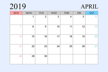 2019 Calendar, April, Schedule Planner, organizer, weeks start from Sunday