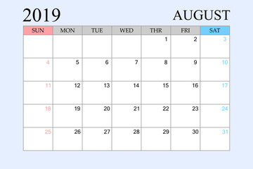 2019 Calendar, August, Schedule Planner, organizer, weeks start from Sunday