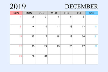 2019 Calendar, December, Schedule Planner, organizer, weeks start from Sunday