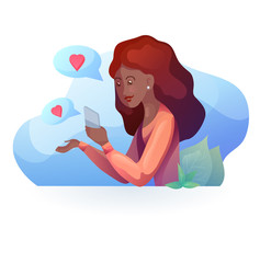 African woman talking on the phone in  modern style. Acquaintance by phone. Relationships at a distance. Vector element for articles, dating sites and your design.