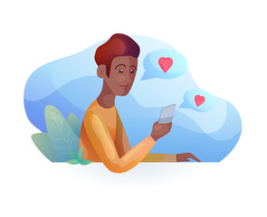 African man talking on the phone in  modern style. Acquaintance by phone. Relationships at a distance. Vector element for articles, dating sites and your design.