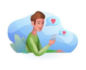 Man talking on the phone in  modern style. Acquaintance by phone. Relationships at a distance. Vector element for articles, dating sites and your design.