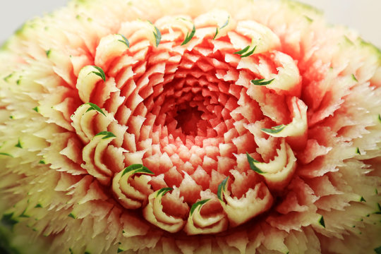 Thai pattern from watermelon carving background. Fruits carving Thai traditional art decoration display.