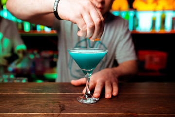 Blue Curacao alcohol cocktail on glass