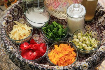  Fresh flowers potpourri sachet Thai traditional style. Flowers mixture in basket for spa and aromatherapy.