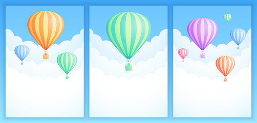 Hot air balloon sky adventure vector illustration set. White clouds on summer blue sky with colorful stripes hot air balloons for adventure banner or invitation postcard design. Clipping mask applied.