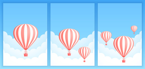 Hot air balloon cloud scape vector illustration. Collection of carnival design or romantic adventure offer with red striped hot air balloons in white cloud on summer blue sky. Clipping mask applied.