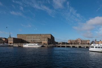 A sunny early spring day in Stockholm, view over a pier with boats and birds at the old town 