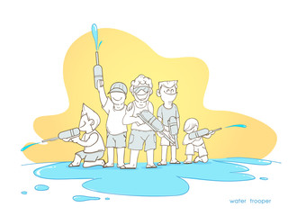 Songkran, cartoon vector boy and tourism with Thailand water festival,copy space