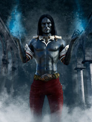 Fototapeta na wymiar Dark elf sorcerer standing in old ruins and holding blue fire in his hands. 3D render.