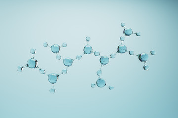 Glass transparent molecule on blue background. 3d rendering