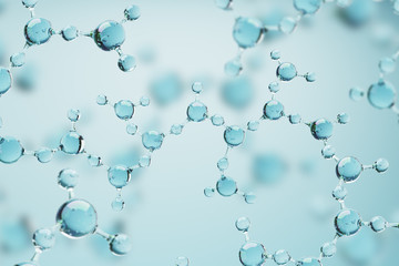 Glass transparent molecule on a blue blurred background of other molecules. 3d rendering