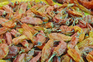Dried spicy peruvian pepper called aji amarillo.