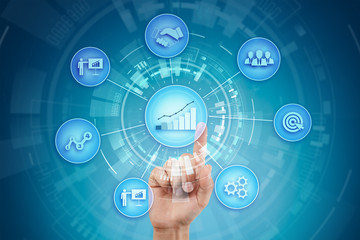 Obraz premium Business process and strategy concept on virtual screen background. Innovation and solutions for financial growth.