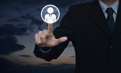 Hand click businessman flat icon over sunset sky, Business communication concept